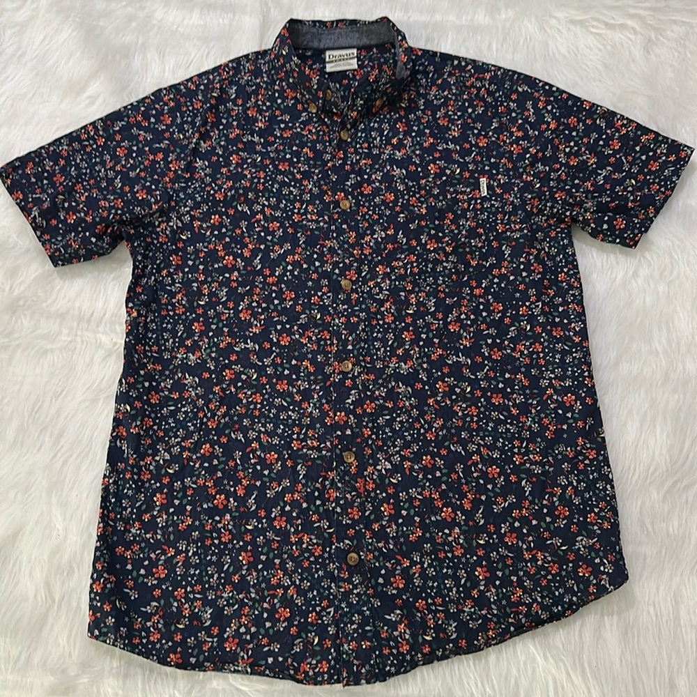 Dravus blue floral short buttondown shirt size small